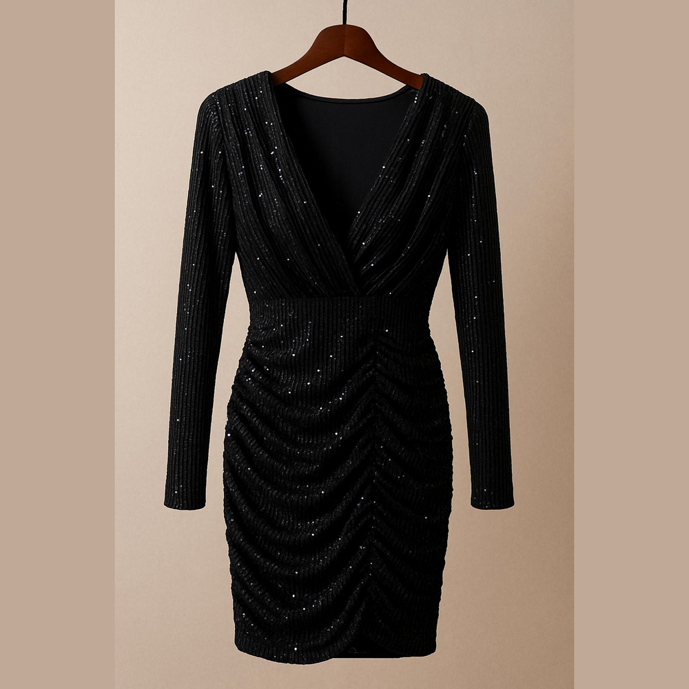 Blue Ruched Sequin Midi Dress with Long Sleeves and Cowl Neck